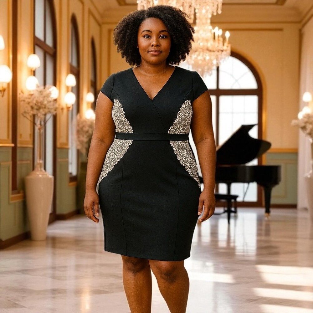 Dorothy Perkins Black Dress With Lace Side Panels & Cap Sleeves 18